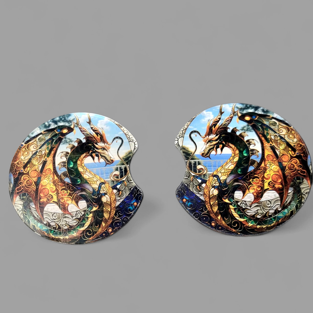 Dragon Art Round Car Coasters Decorative Set of 2 Left‎ Right Fantasy Craft Gift